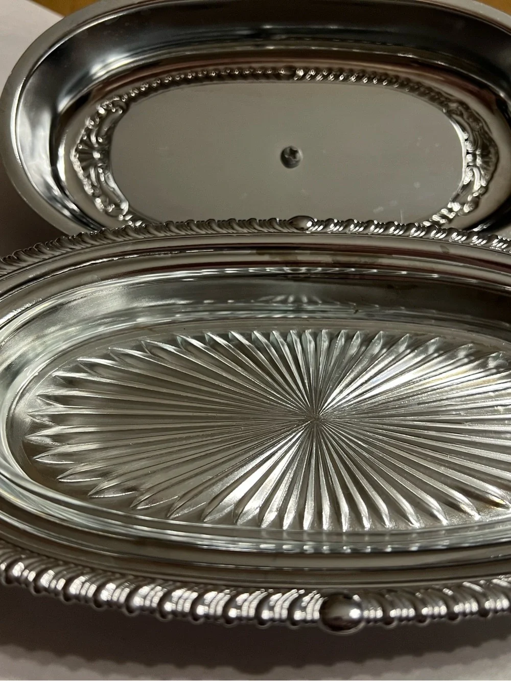 Silver Glass-Insert Butter Tray - Elegant Oval Butter Dish